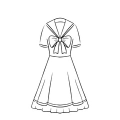 Beautiful female dress for the child hand-drawn. Doodle illustration of clothes, picture for coloring. Short dress with a large collar and bow and short sleeves.