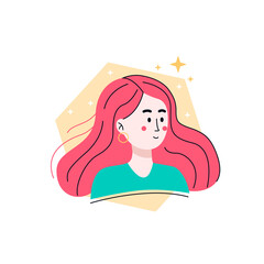 Portrait of a cute girl with pink hair in a modern trendy flat style. Female illustration with a girl's face with a background of geometric shapes for design. Inspiration concept.