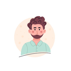 Portrait of a handsome man with curly hair and beard in a modern trendy flat style. Male illustration with a man’s face and a background of geometric shapes for design. Avatar of an office worker.