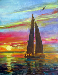 Fototapeta na wymiar silhouette of a sailing yacht against the backdrop of a bright sea sunset, oil painting