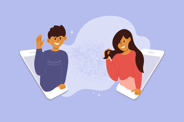 Dating app concept. Woman and man looking out of smartphone screen and flirting. Male and female searching for romantic partner in internet. Online video call. Fall in virtual love vector illustration