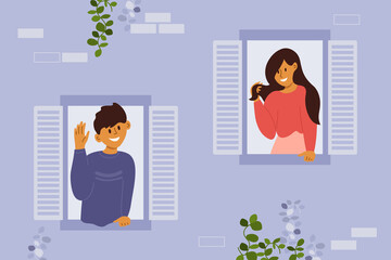 Stay home concept. Smiling man and woman look out of apartment windows and flirt. House facade flat vector illustration. Greeting of young happy neighbors. People familiarity. Self isolation dating. 