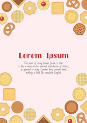 Cookie - vertical card with text and vector color illustrations of sweet dessert for graphic design
