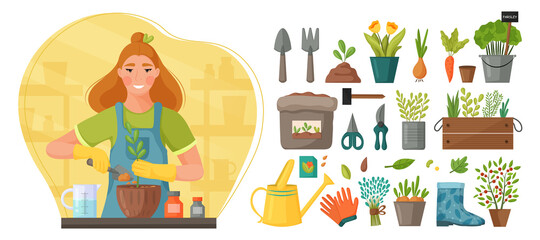 Gardener woman growing a plant. A collection of garden tools and plants. Design template for flyer, logo, print, packaging, postcard or stickers. Vector illustration