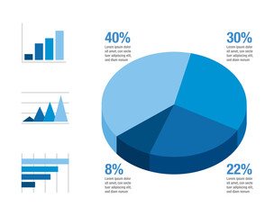 Blue gradient infographic with element icons. Flat design pie charts, graph bars for ads app logo web banner ui ux, isometric graphic illustration concept vector isolated on white background