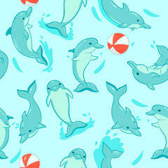 Seamless pattern with dolphins and balls. Vector graphics.