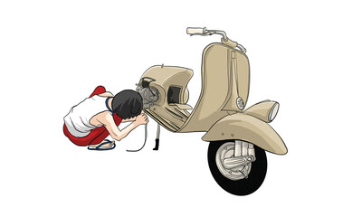 Fototapeta premium man riding vintage scooter action, vector