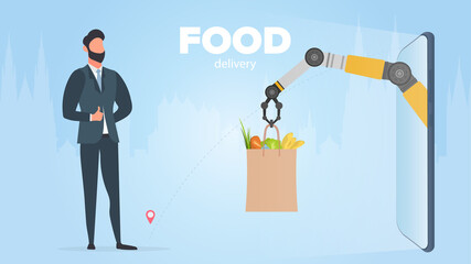 Food delivery banner. Robotic hand holds a paper bag with products. A man receives his online order. Shopping delivery concept. Vector.