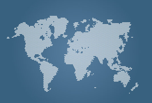 Isolated vector dotted world map on blue background. Computer abstract infographic for presentation. EPS 10.