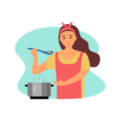 Woman is cooking in the kitchen. Housewife is boiling soup for dinner. Woman with apron cooking delicious meal for family concept vector illustration.