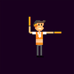 Airport employee. Pixel art. Old school computer graphic. Element design stickers, logo, mobile app, menu. 8 bit video game. Game assets 8-bit sprite. 16-bit.