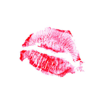 Red lipstick kiss on white background. Realistic vector trace of red lips print isolated on white background