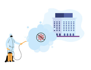 Man wearing protective suit and disinfectant isolated to avoid covid 19, disinfecting buildings