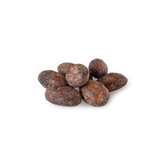 Unpeeled cocoa beans on white background.