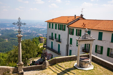 Sacro Monte (VA), Italy - June 01, 2020: Landscape view at pilgrimage village of Santa Maria del Monte on Sacro Monte di Varese, UNESCO, Santa Maria del Monte, Varese, Lombardy, Italy