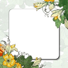 Vector square multicolored card. Corner frame with colorful pumpkin, leave and flower, rounded square frame on background with green leaves. Hand line drawing. Template for Thanksgiving greeting card.