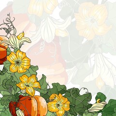 Vector square multicolored card. Corner frame with colorful pumpkins, leaves and flowers on multicolored background. Hand line drawing. Template for Thanksgiving greeting card. Harvest festival.