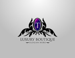 Luxury T Letter Logo. Vintage T Premium Badge Design for Royalty, Restaurant, Label, Letter Stamp, Boutique,  Hotel, Heraldic, Jewelry, Wedding.