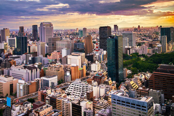 Aerial view of sunset Tokyo cityscape with office building and downtown, Tokyo city, japan