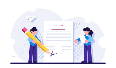 Concept of signing bilateral contract, making business deal, concluding agreement or treaty, signatory. Modern flat vector illustration.