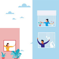 people at the window doing dance exercises at home