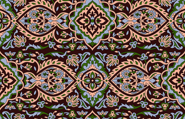 Seamless paisley pattern with flowers leaves and brown background