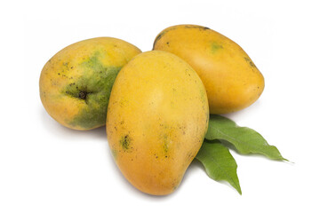 set of three mangoes with mango leaves on white background