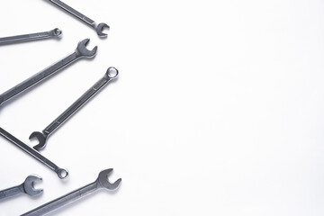 Set of wrenches on white background, great design for any purposes. Business wallpaper. White background. Technology concept. Repair service. Copy space.