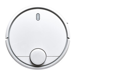 Modern white robot vacuum cleaner isolated on white background. Technology concept. Smart home concept. Hygiene concept.