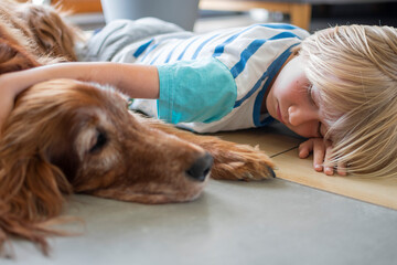 Young boy lying on the floor with big, old dog