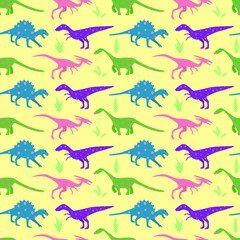 Funny different colored dinosaurs in flat style. Seamless vector pattern for your design, packaging, fabric, Wallpaper, decoration. Children's seamless pattern