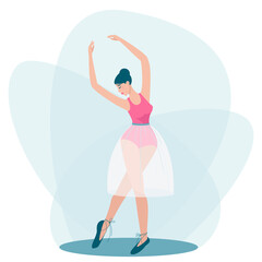 A dancing girl is standing in a beautiful pose. Ballerina in a beautiful tender skirt. Beautiful face of a girl in profile. Hair is neatly tidied up. Flat vector illustration.