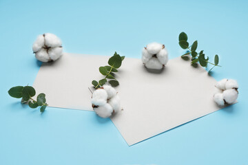 Blank cards, beautiful cotton flowers and eucalyptus leaves on color background