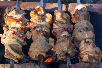 Juicy skewers in nature skewers on skewers on charcoal grilled close up with, onion. Barbecue. Dinner.