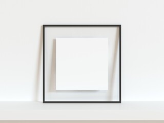 Square black thin empty frame mock up on white wall. 3d illustration.