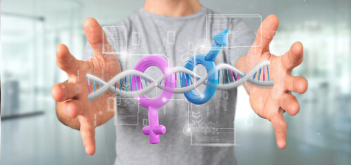 Obraz na płótnie Canvas Businessman holding a DNA with data and male and female symbol - 3d rendering