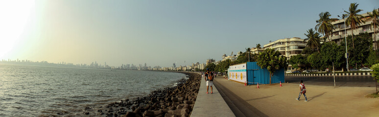 Panorama of Marine Drive at Sunset.