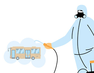 Man wearing protective suit and disinfectant isolated to avoid covid 19, disinfecting bus