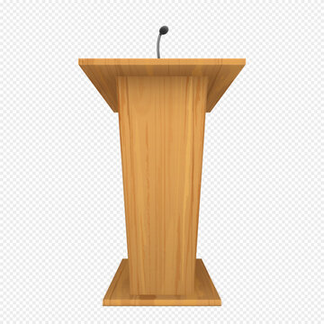 Wooden podium or pulpit with microphone for speaker on conference, lecture or debate. Vector realistic rostrum for orator on presentation for press, communication with public. Tribune for speech