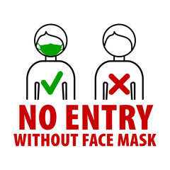No entry without face mask.  Silhouette person with mask over their face and silhouette person without mask. Prevent COVID-19. Symbol can be used during coronavirus or covid outbreak. EPS10.
