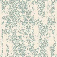 Seamless vintage oriental pattern with an effect of attrition. Freehand drawing. Template seamless damask pattern in green and beige colors. Vector illustration - 354818383