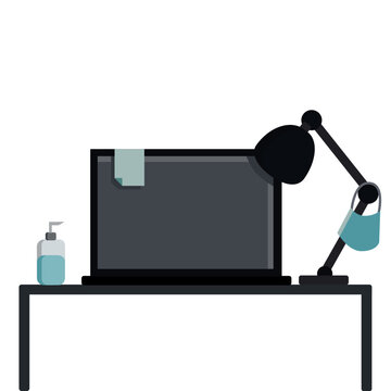 Front View Of Business Office Desk With Laptop Computer, Alcohol Gel Bottle, Lamp And Protective Mask. Icon Vector Illustration. Quarantine For Corona Virus, Covid 19, Social Distancing Concept.