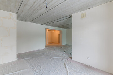 Russia, Moscow- January 27, 2020: interior room apartment rough repair for self-finishing. interior decoration, bare walls of the room, stage of construction