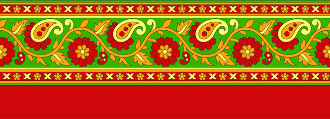 Seamless paisley border pattern with red background 