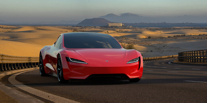 2020 Tesla Roadster on the road in the Canary Islands