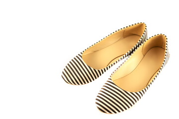 Women's summer shoes made of blue and white striped fabric, ballet flats isolated on a white background. The concept of women's shoes. Side view