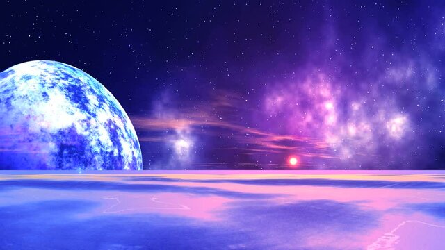 Sunrise over the Misty Planet. In the dark sky, bright stars, a nebula and a planet (moon) above the horizon. The bright sun rises. The surface of the planet is covered in pink misty, clouds  float.