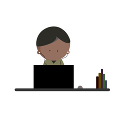 Male student or business man work on laptop computer with book on the office desk vector icon illustration. E-learning, Online education or home school, remote working, telework concept.