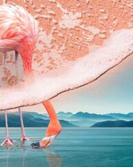 Surreal sandy beach with giant pink flamingo fishing, sea dreamy landscape with blue mountains in the horizon