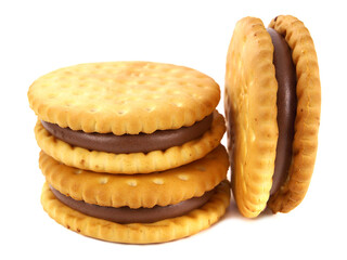 Sandwich biscuits filled with chocolate isolated on white 